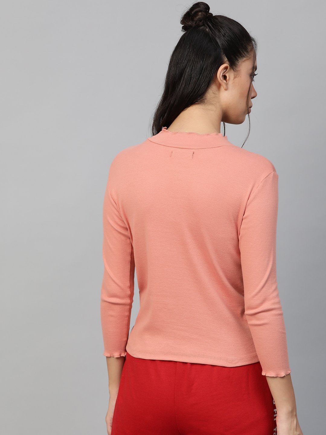 Women's Peach Rib High Neck Full Sleeve Top - SASSAFRAS