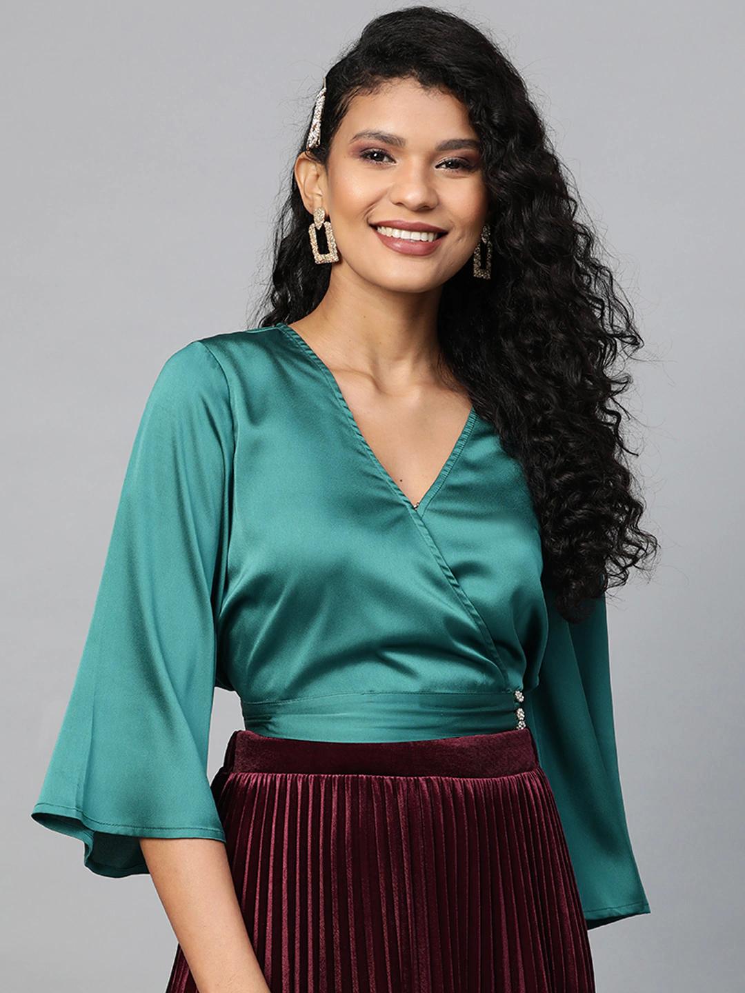 Women's Emerald Green Wrap Crop Satin Top - SASSAFRAS