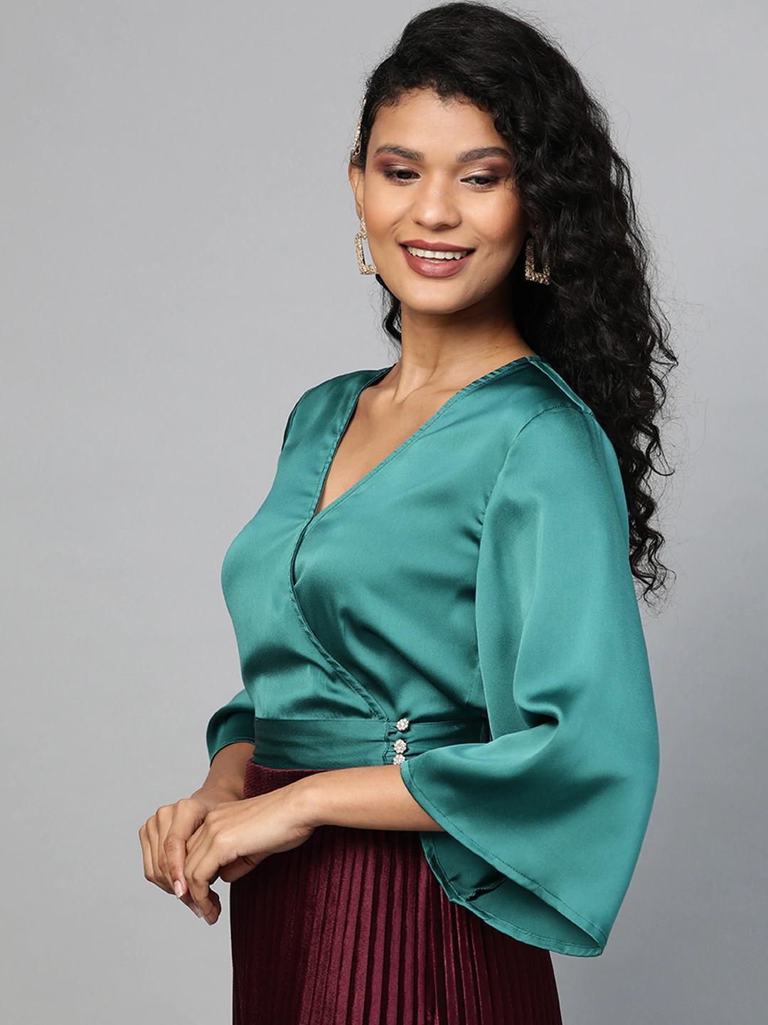 Women's Emerald Green Wrap Crop Satin Top - SASSAFRAS