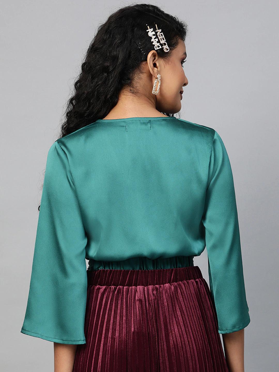 Women's Emerald Green Wrap Crop Satin Top - SASSAFRAS