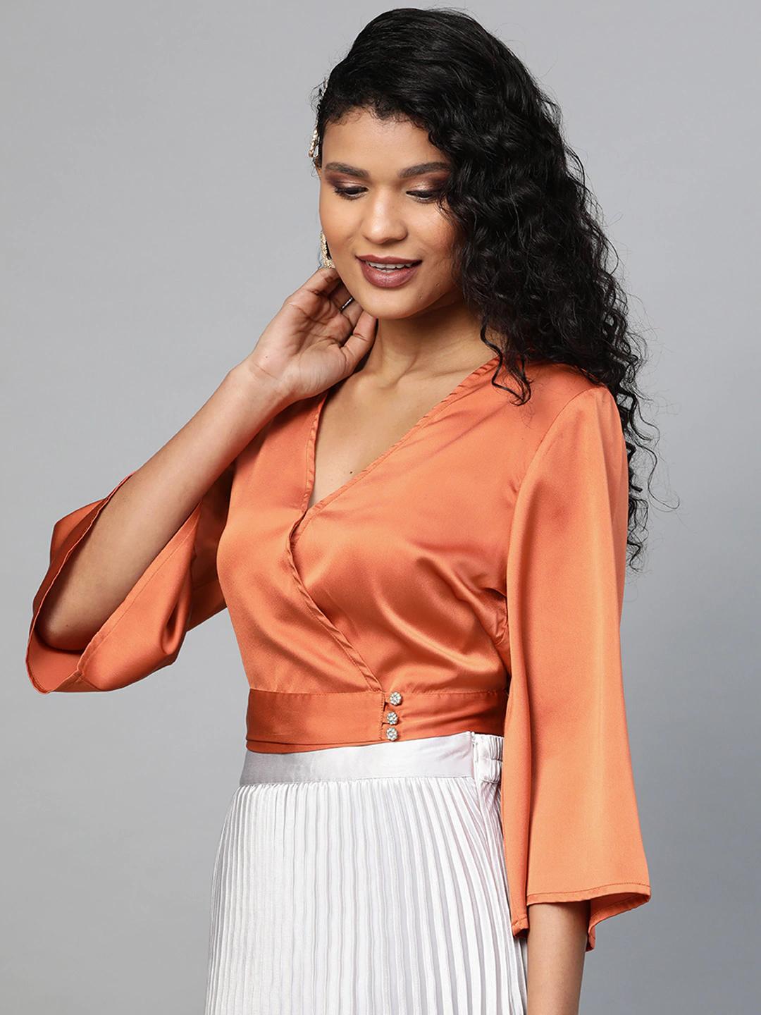 Women's Orange Wrap Crop Satin Top - SASSAFRAS