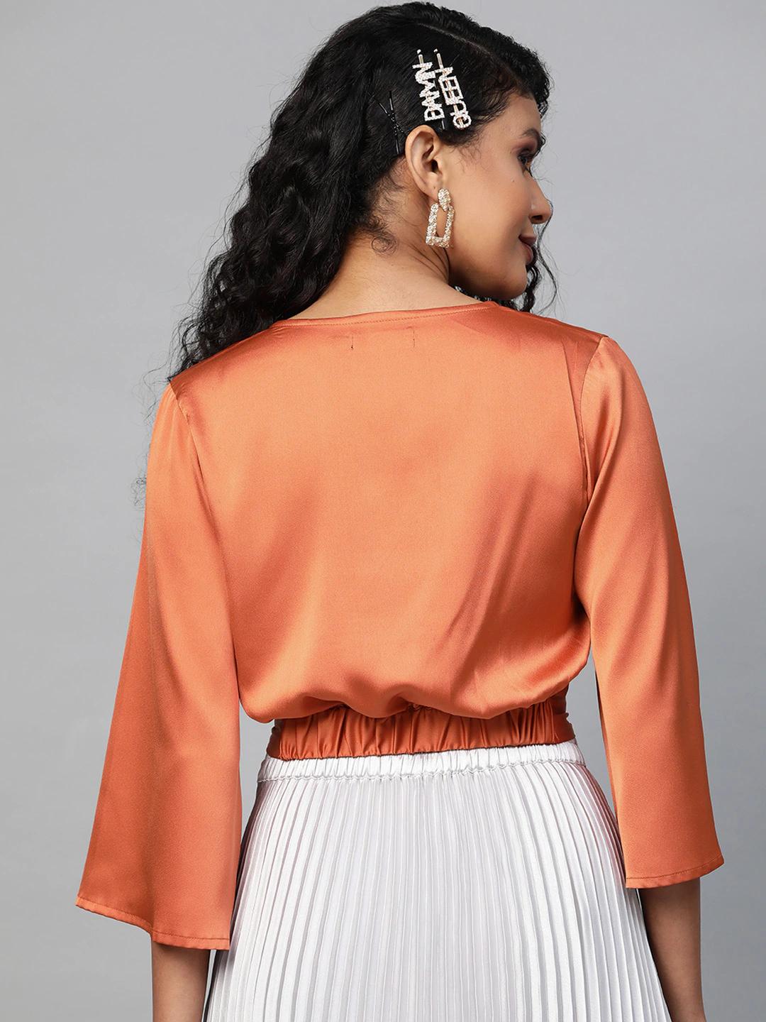 Women's Orange Wrap Crop Satin Top - SASSAFRAS