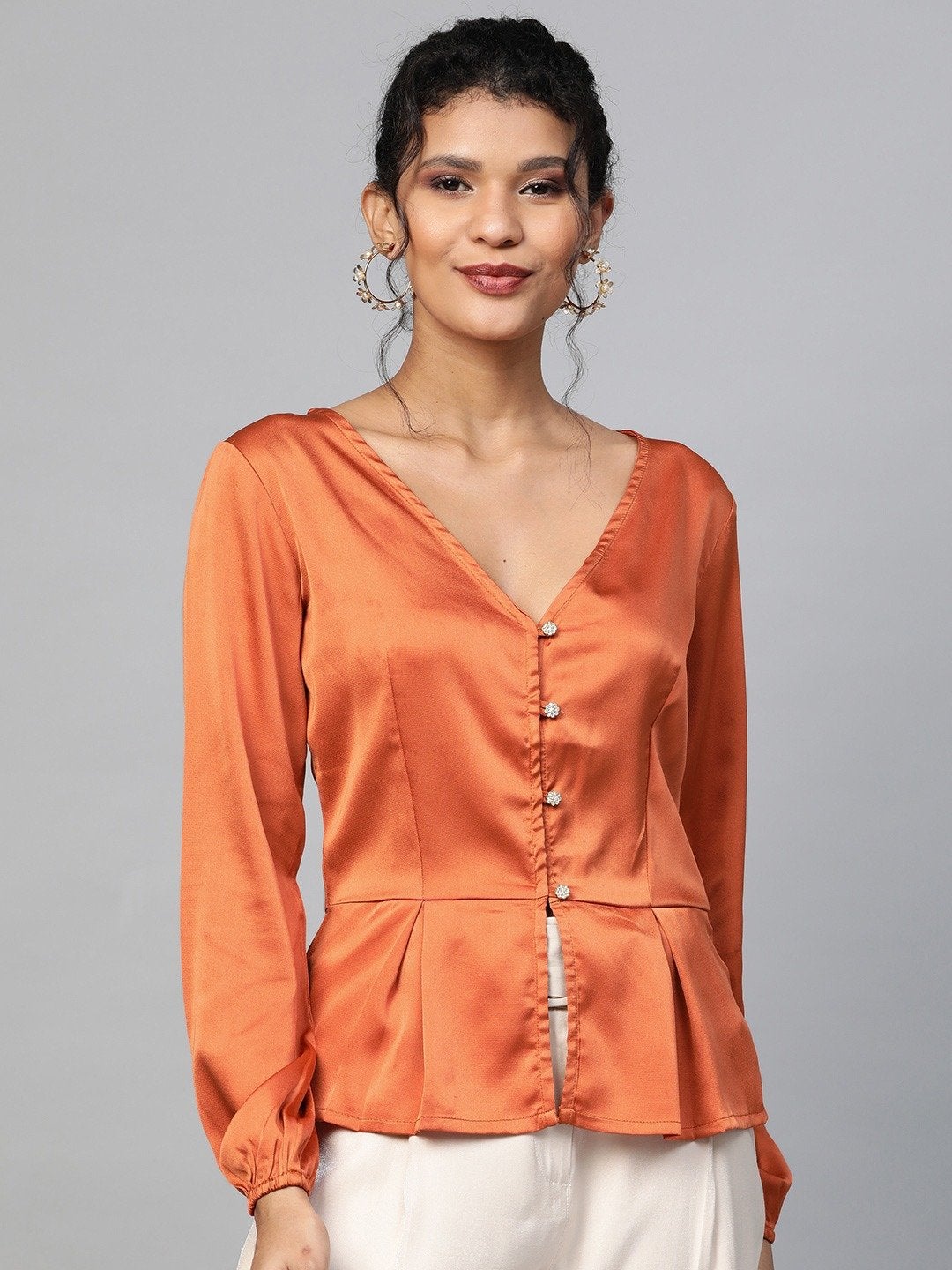 Women's Orange Front Button Peplum Satin Top - SASSAFRAS