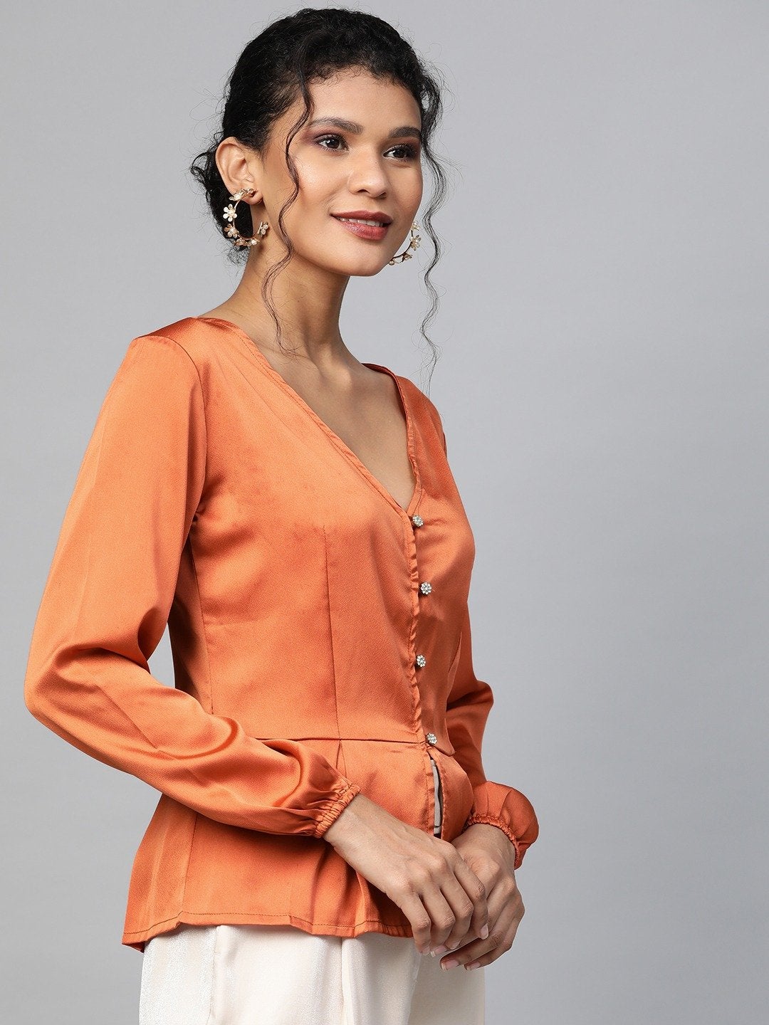 Women's Orange Front Button Peplum Satin Top - SASSAFRAS