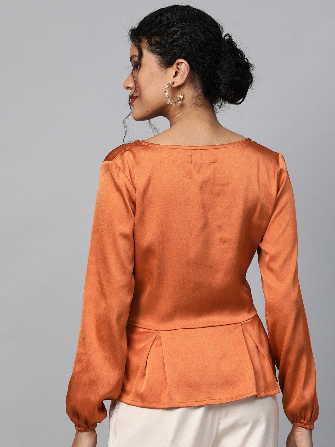 Women's Orange Front Button Peplum Satin Top - SASSAFRAS