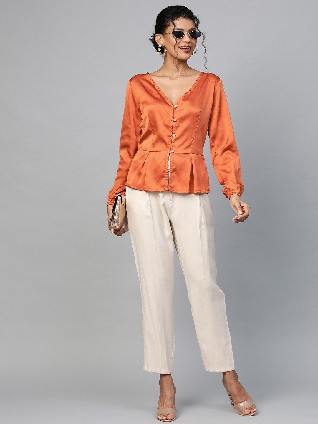 Women's Orange Front Button Peplum Satin Top - SASSAFRAS