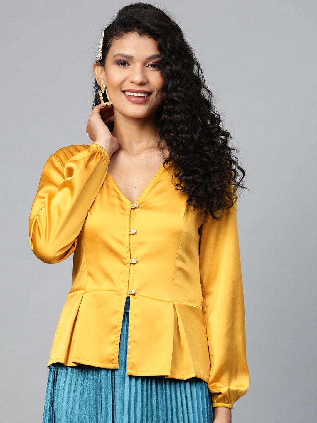 Women's Mustard Front Button Peplum Satin Top - SASSAFRAS