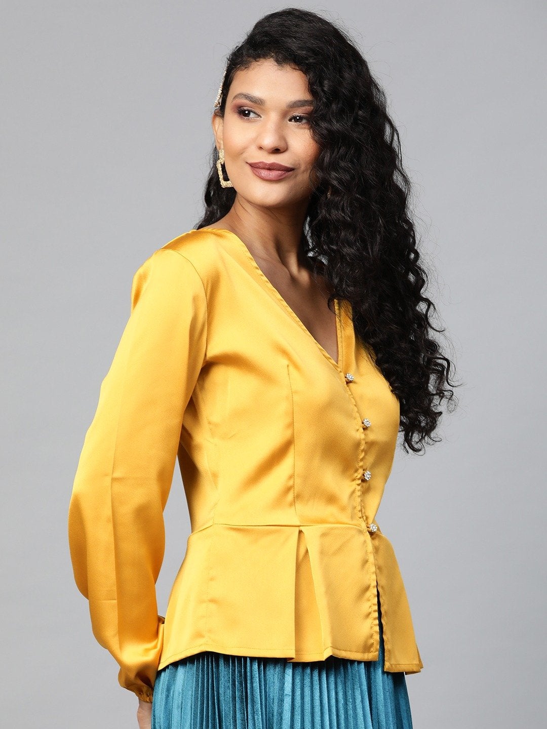 Women's Mustard Front Button Peplum Satin Top - SASSAFRAS