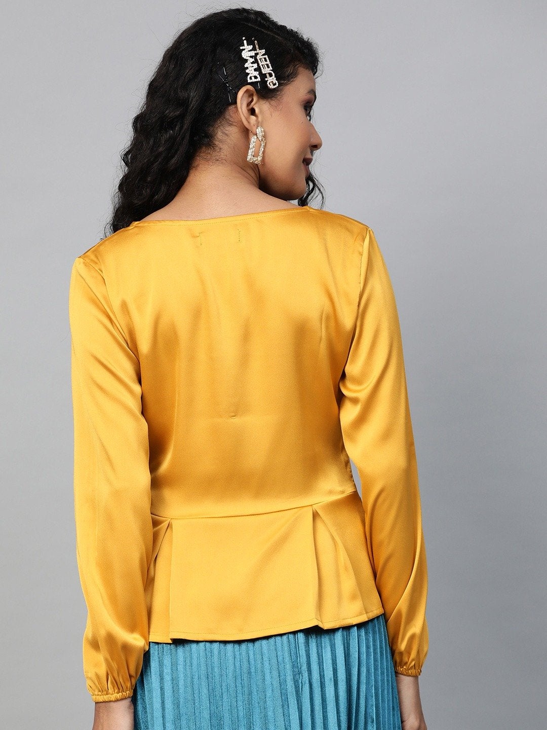 Women's Mustard Front Button Peplum Satin Top - SASSAFRAS