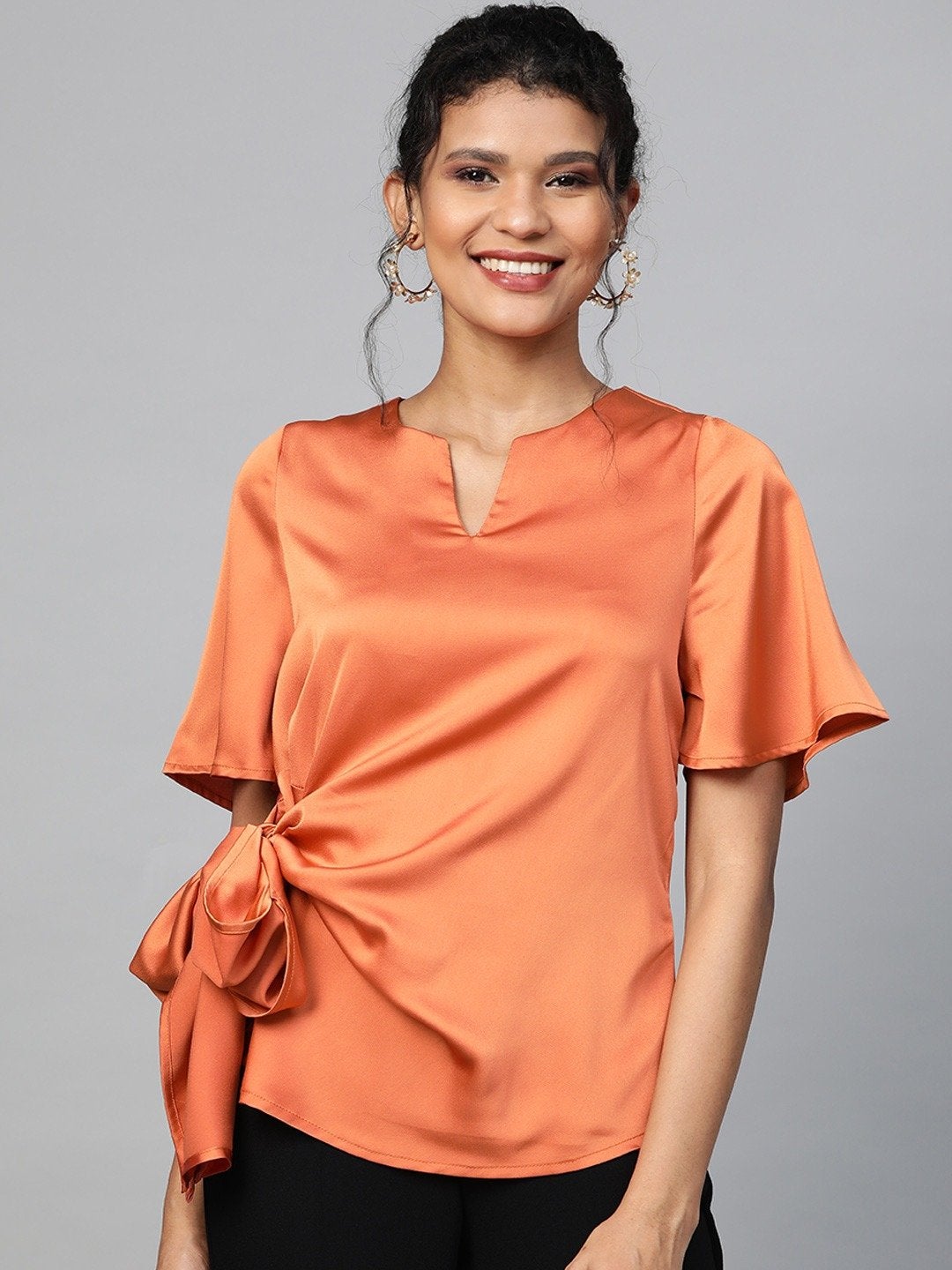 Women's Orange Side Tie Satin Top - SASSAFRAS