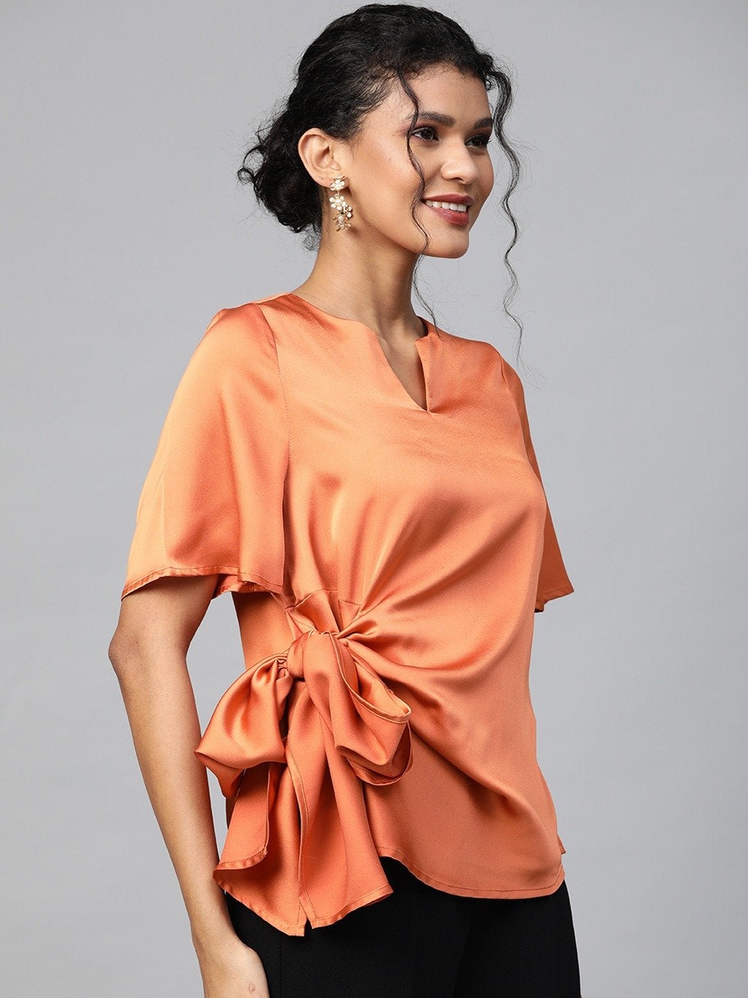 Women's Orange Side Tie Satin Top - SASSAFRAS