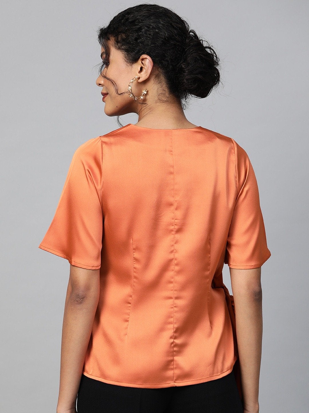 Women's Orange Side Tie Satin Top - SASSAFRAS