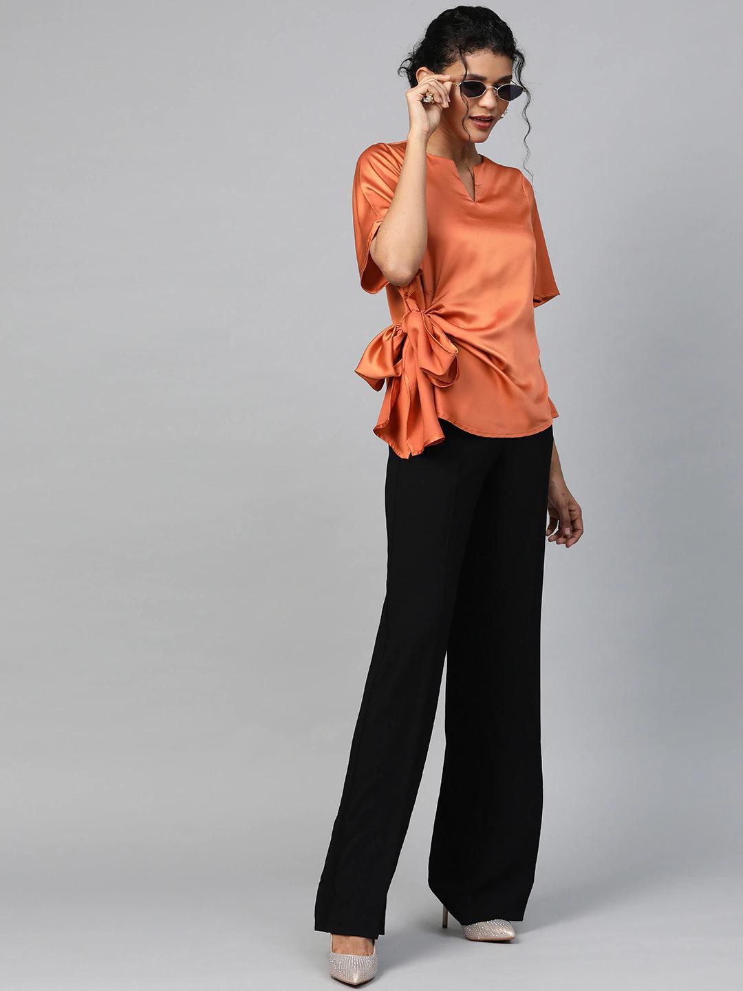 Women's Orange Side Tie Satin Top - SASSAFRAS