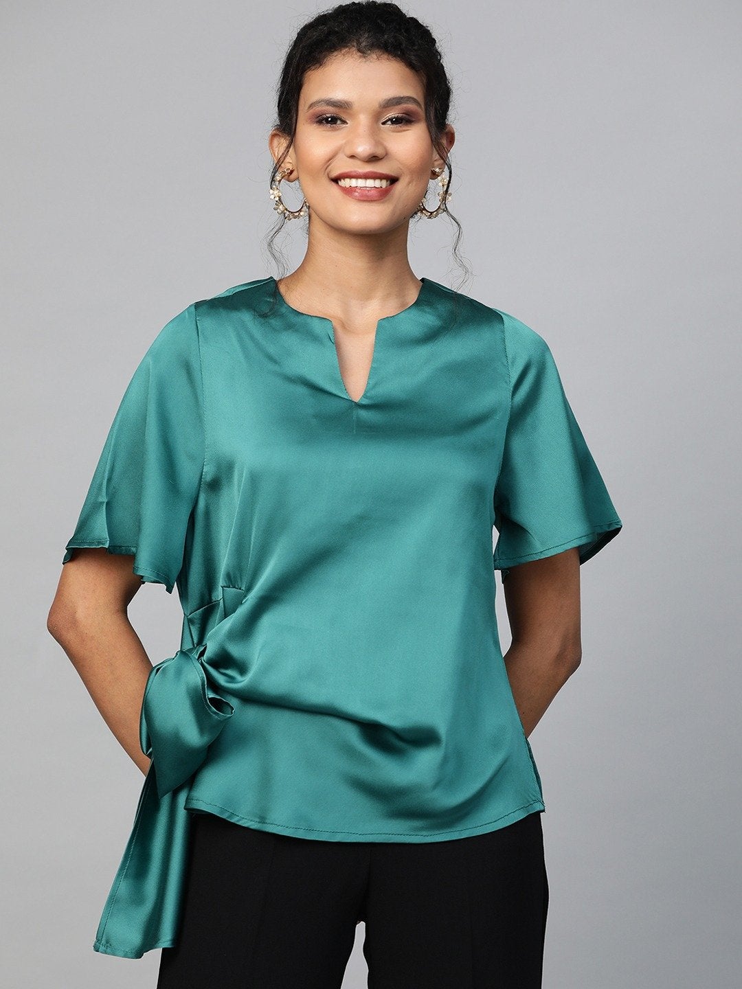 Women's Emerald Green Side Tie Satin Top - SASSAFRAS