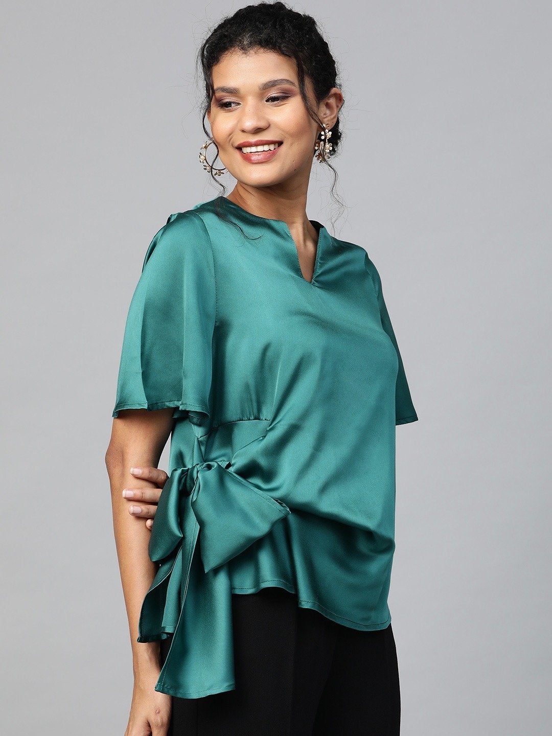 Women's Emerald Green Side Tie Satin Top - SASSAFRAS