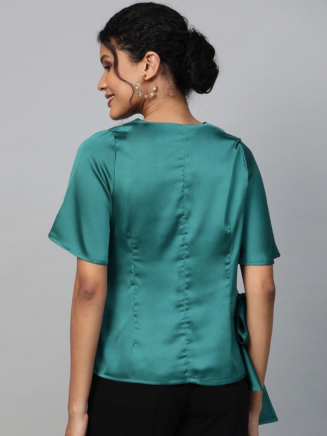 Women's Emerald Green Side Tie Satin Top - SASSAFRAS