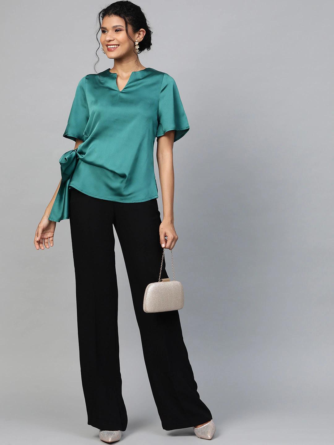 Women's Emerald Green Side Tie Satin Top - SASSAFRAS