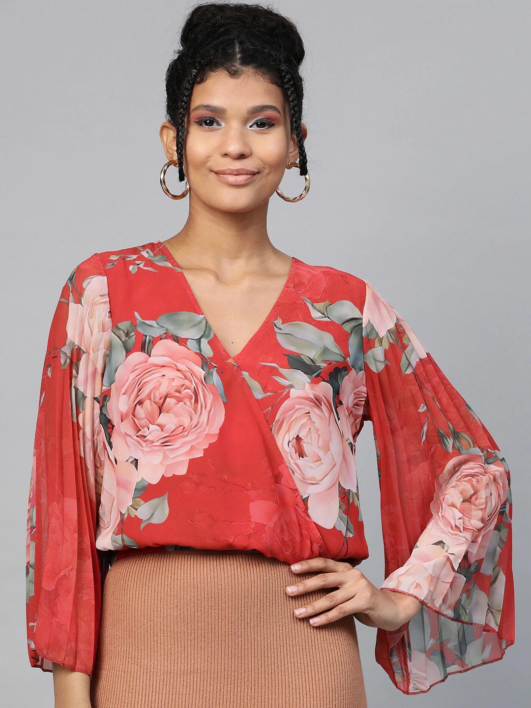 Women's Red Floral Pleated Sleeve Wrap Top - SASSAFRAS