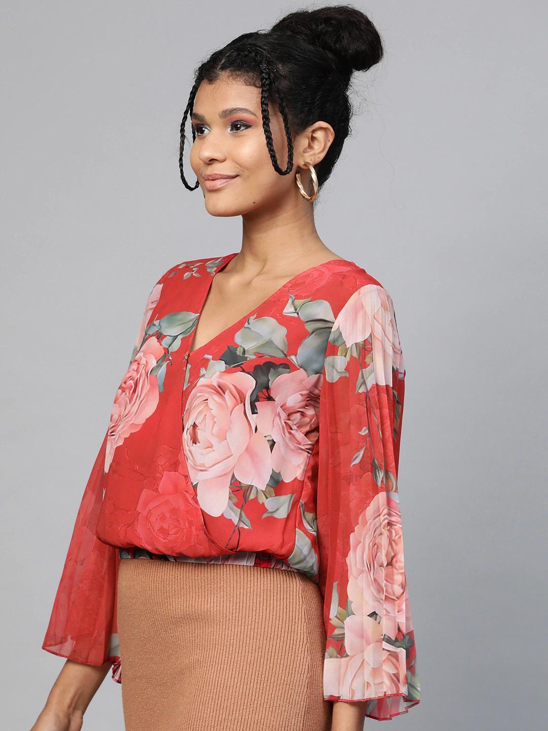 Women's Red Floral Pleated Sleeve Wrap Top - SASSAFRAS