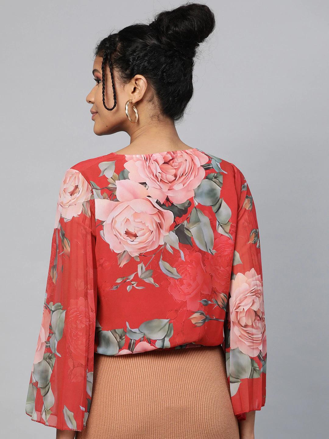 Women's Red Floral Pleated Sleeve Wrap Top - SASSAFRAS