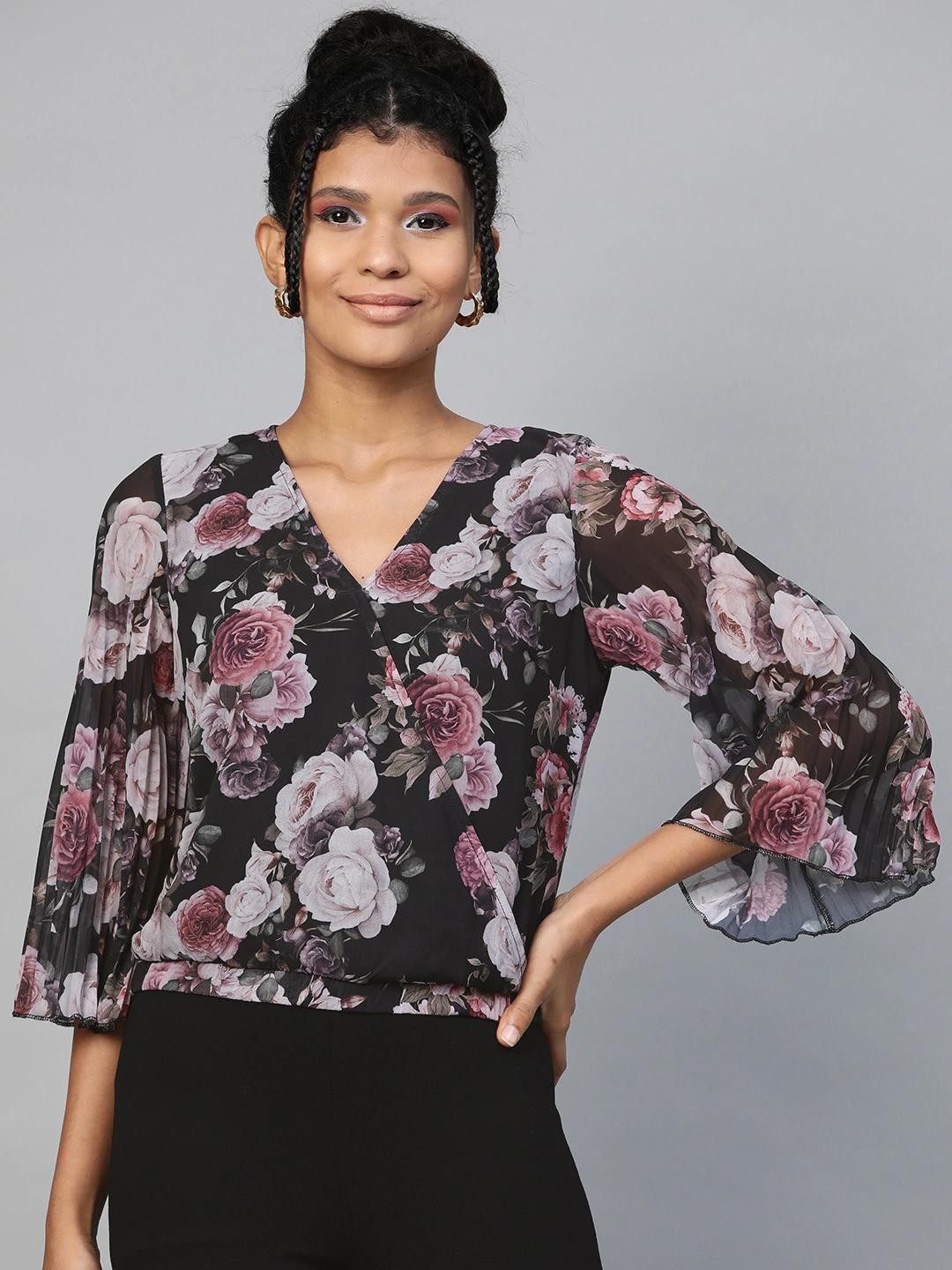 Women's Black Floral Pleated Sleeve Wrap Top - SASSAFRAS