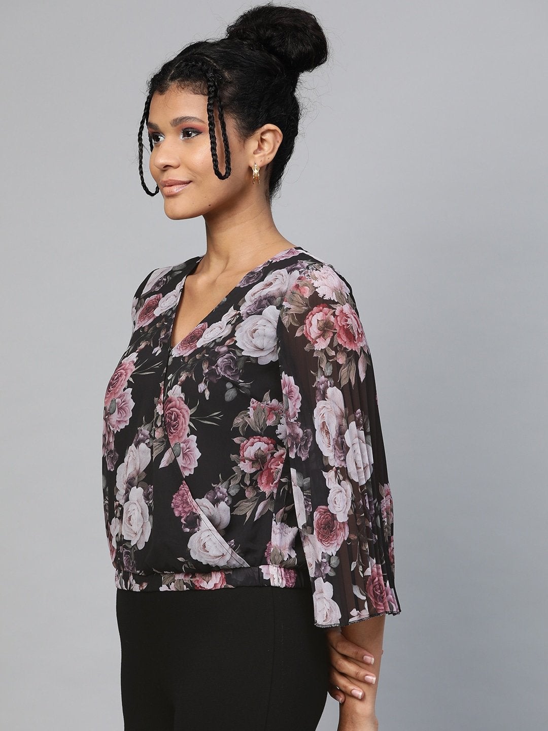 Women's Black Floral Pleated Sleeve Wrap Top - SASSAFRAS