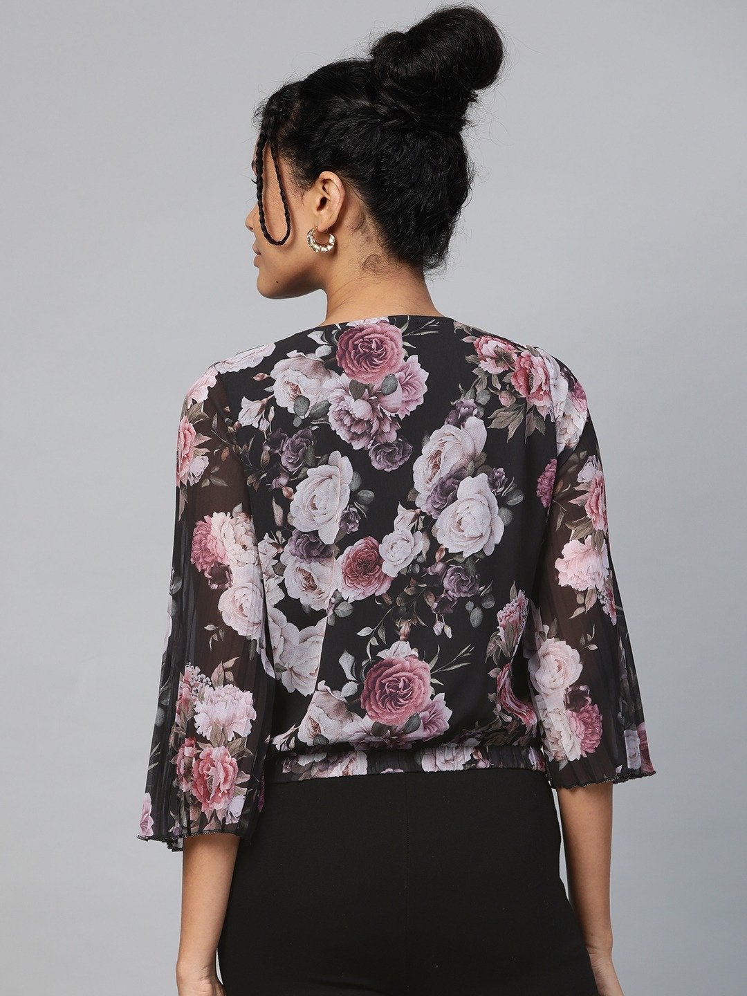 Women's Black Floral Pleated Sleeve Wrap Top - SASSAFRAS