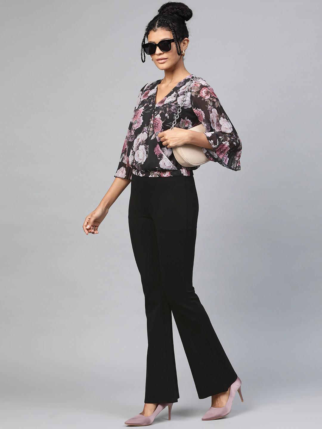 Women's Black Floral Pleated Sleeve Wrap Top - SASSAFRAS