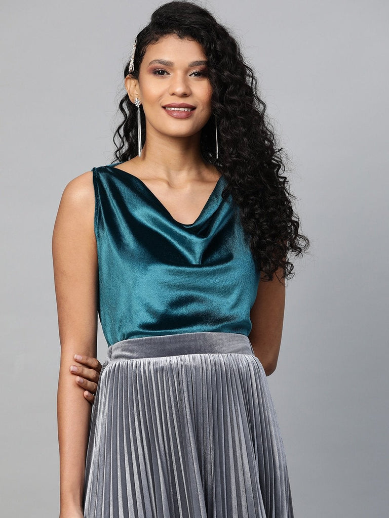 Women's Teal Velvet Cowl Neck Top