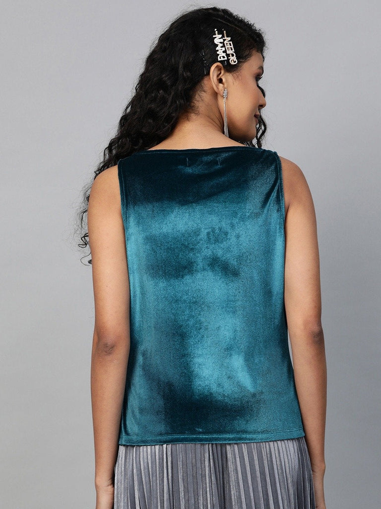 Women's Teal Velvet Cowl Neck Top