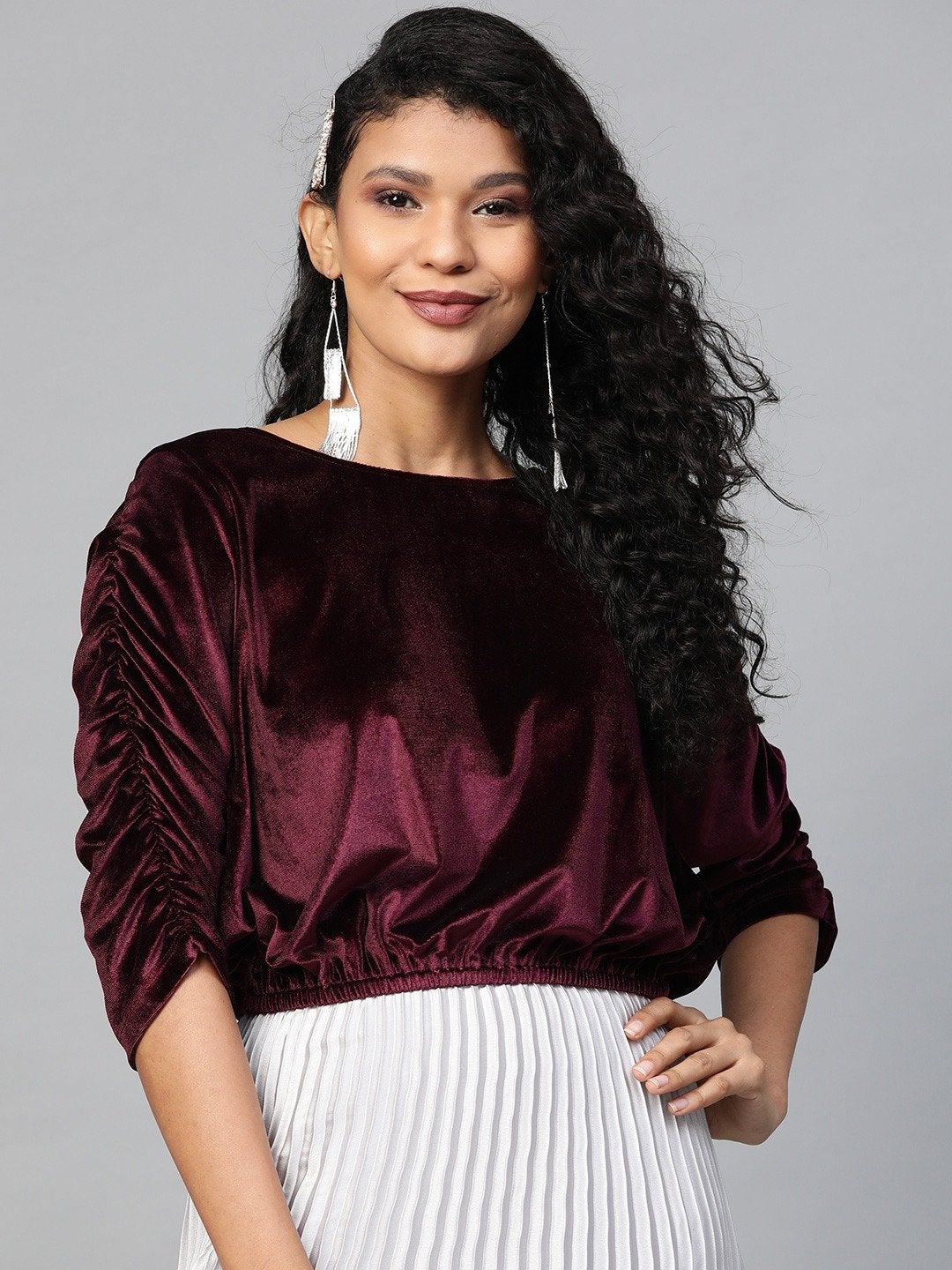 Women's Burgundy Velvet Rouched Sleeve Top - SASSAFRAS