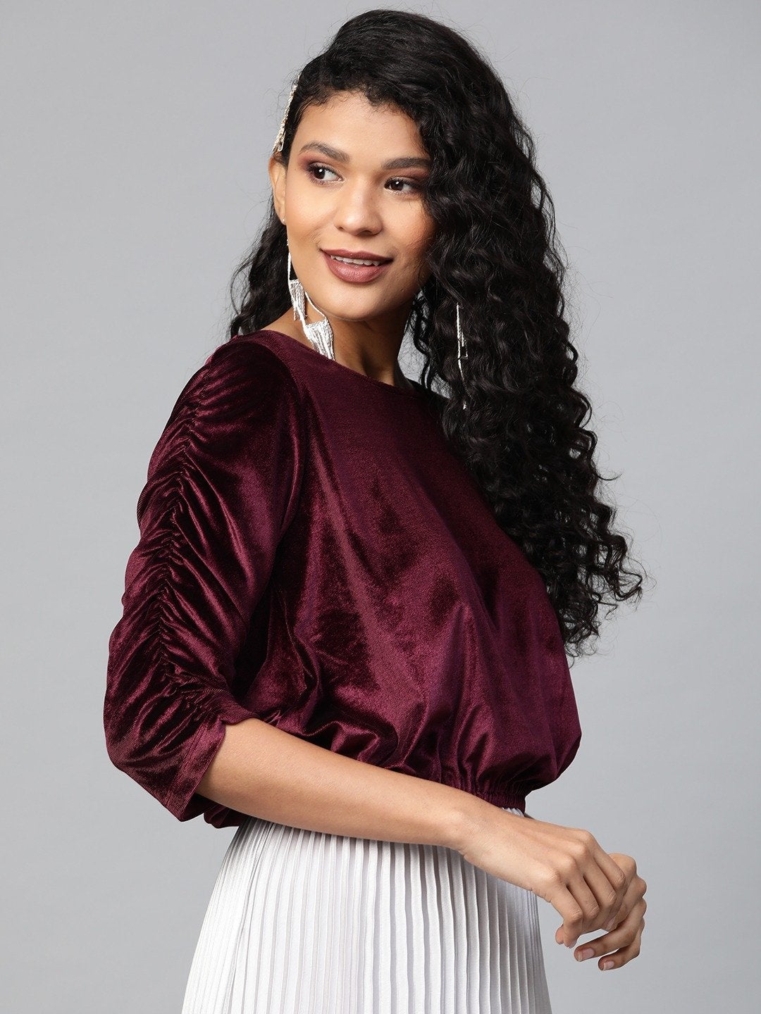 Women's Burgundy Velvet Rouched Sleeve Top - SASSAFRAS