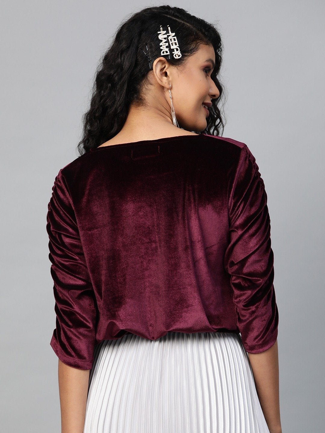 Women's Burgundy Velvet Rouched Sleeve Top - SASSAFRAS