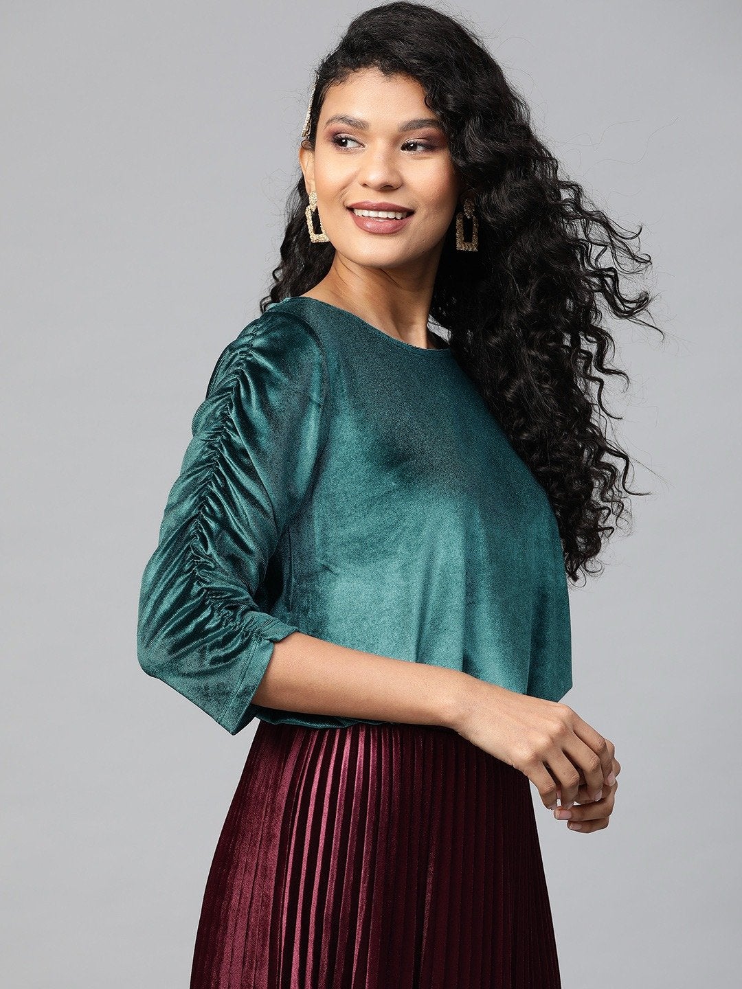 Women's Teal Velvet Rouched Sleeve Top - SASSAFRAS