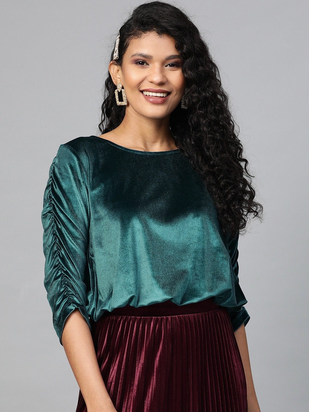 Women's Teal Velvet Rouched Sleeve Top - SASSAFRAS