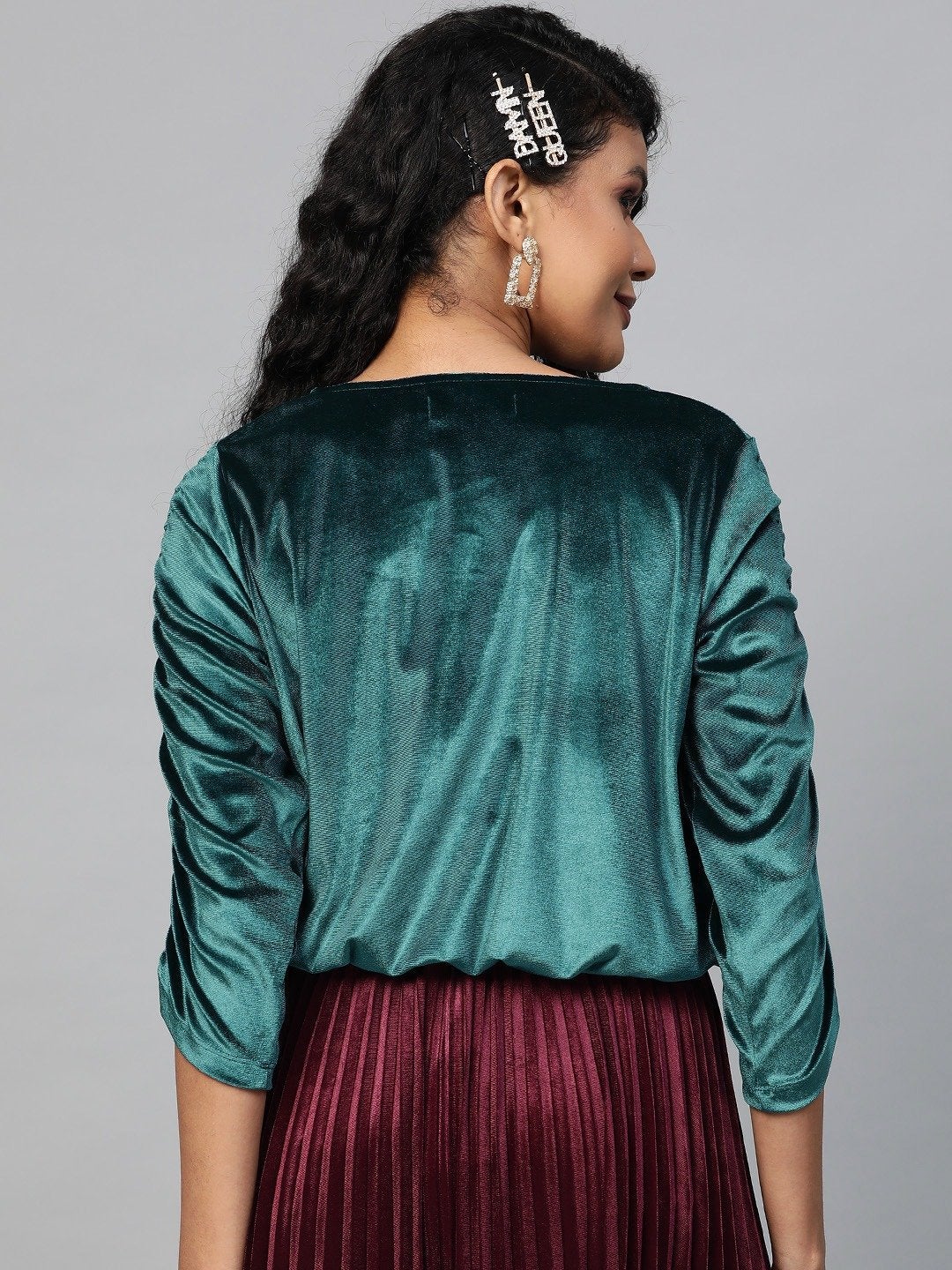 Women's Teal Velvet Rouched Sleeve Top - SASSAFRAS