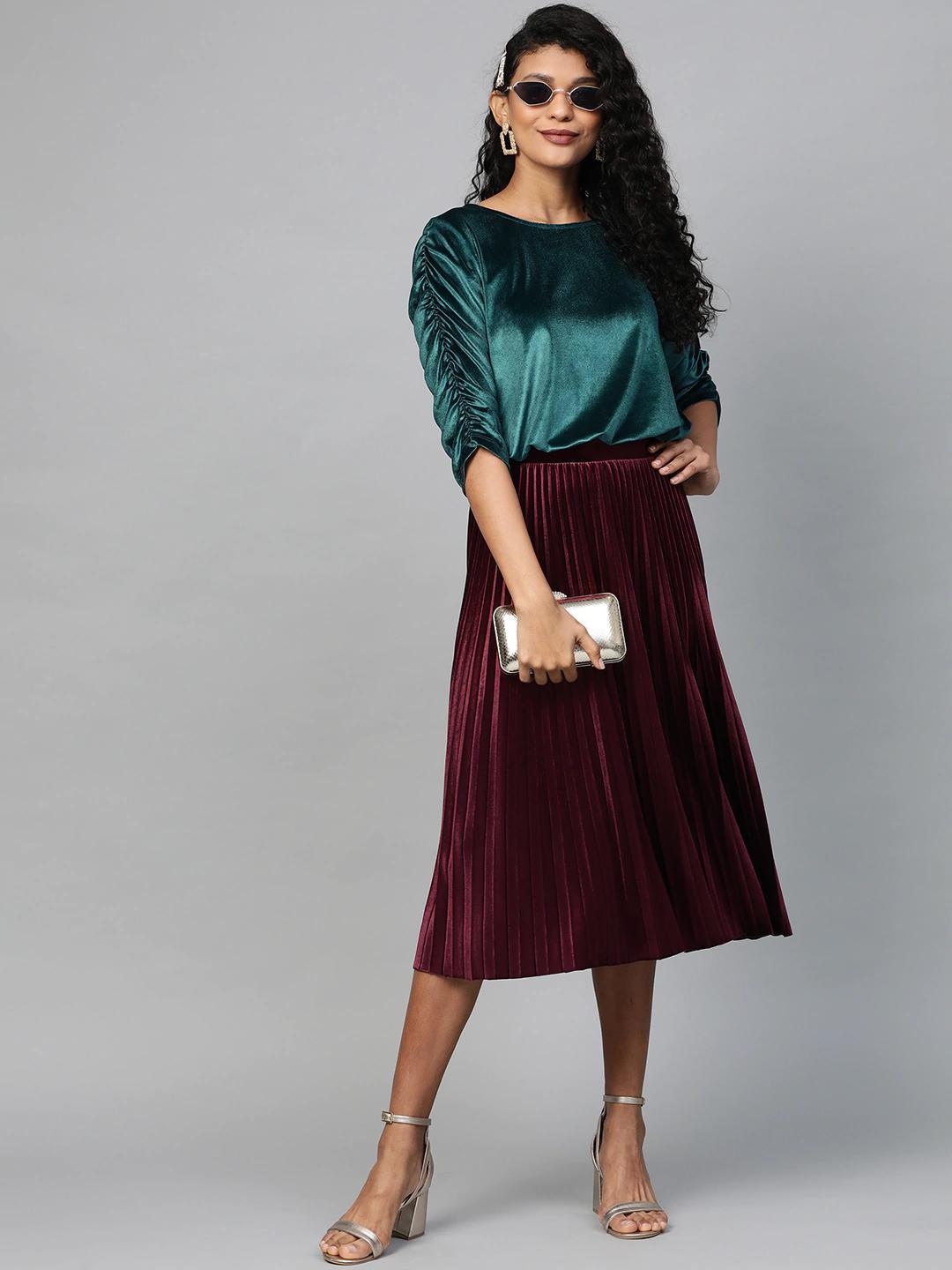 Women's Teal Velvet Rouched Sleeve Top - SASSAFRAS