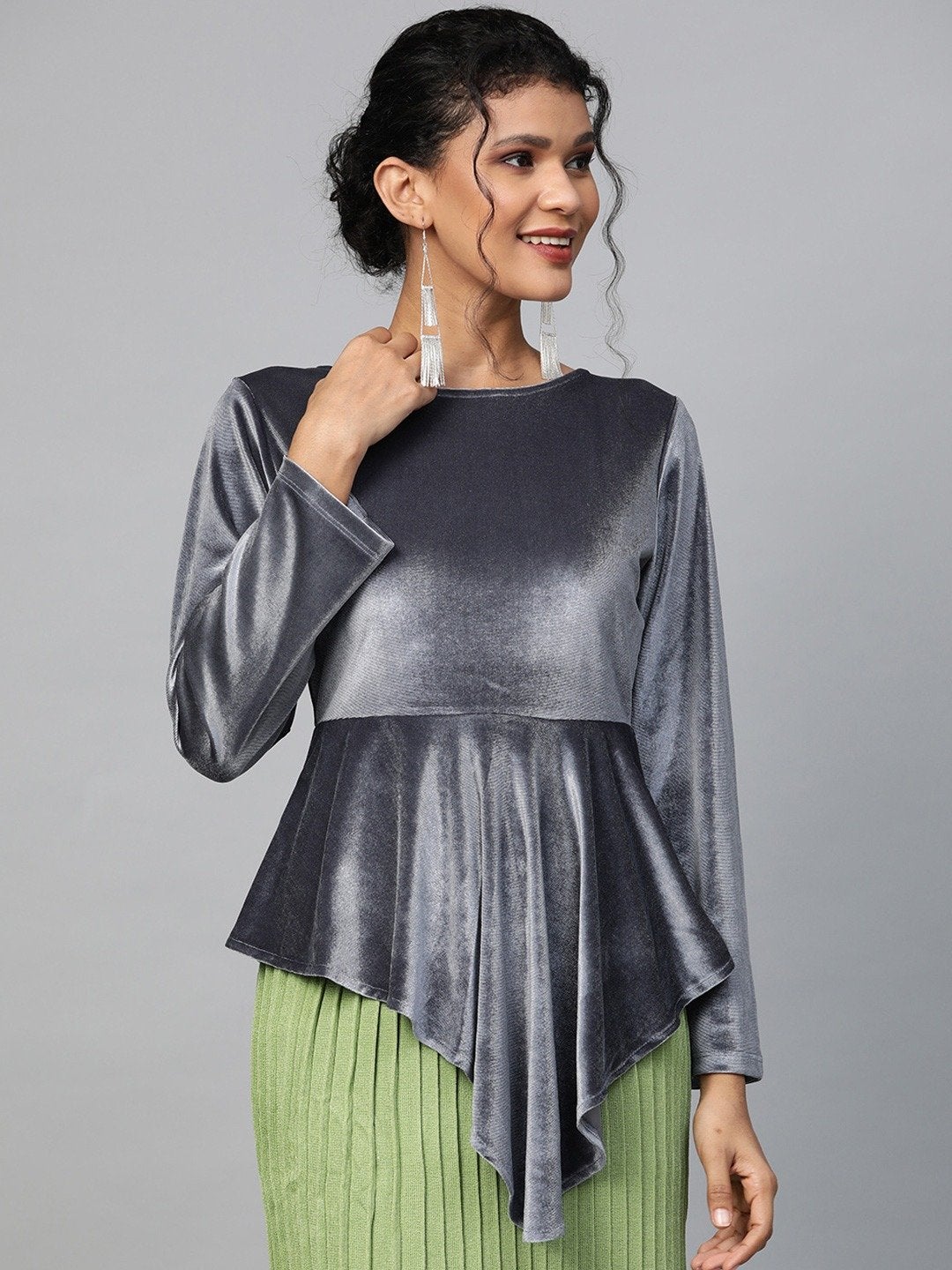 Women's Grey Velvet Asymmetric Peplum Top - SASSAFRAS