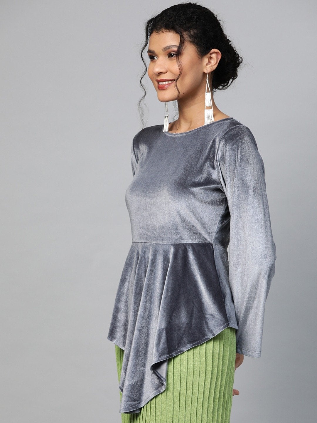 Women's Grey Velvet Asymmetric Peplum Top - SASSAFRAS