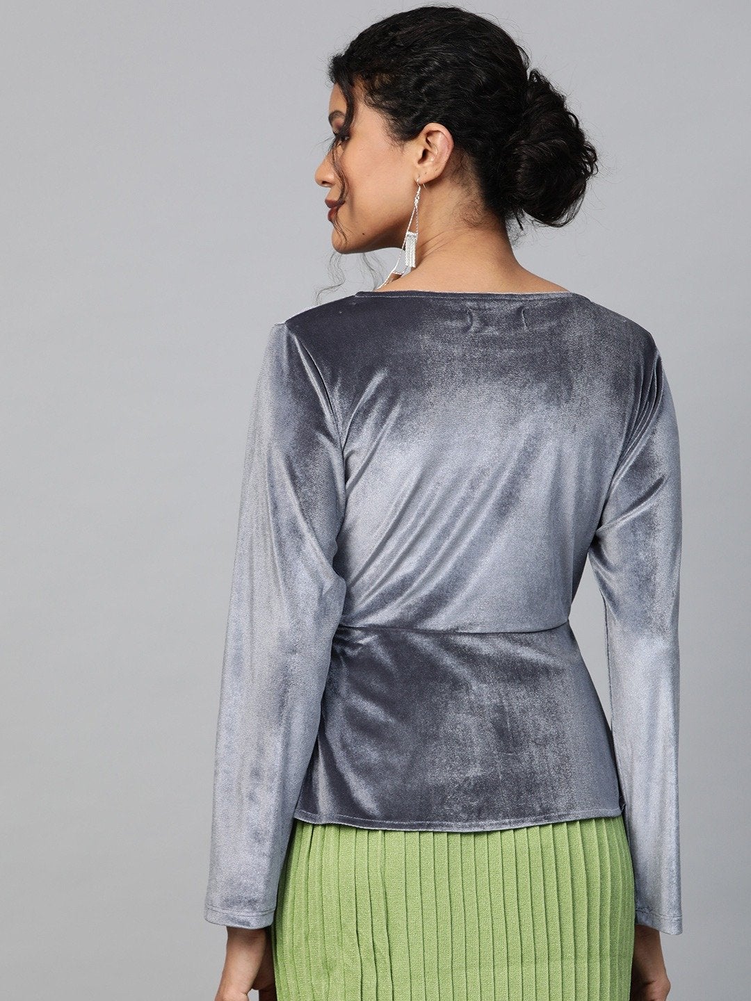 Women's Grey Velvet Asymmetric Peplum Top - SASSAFRAS