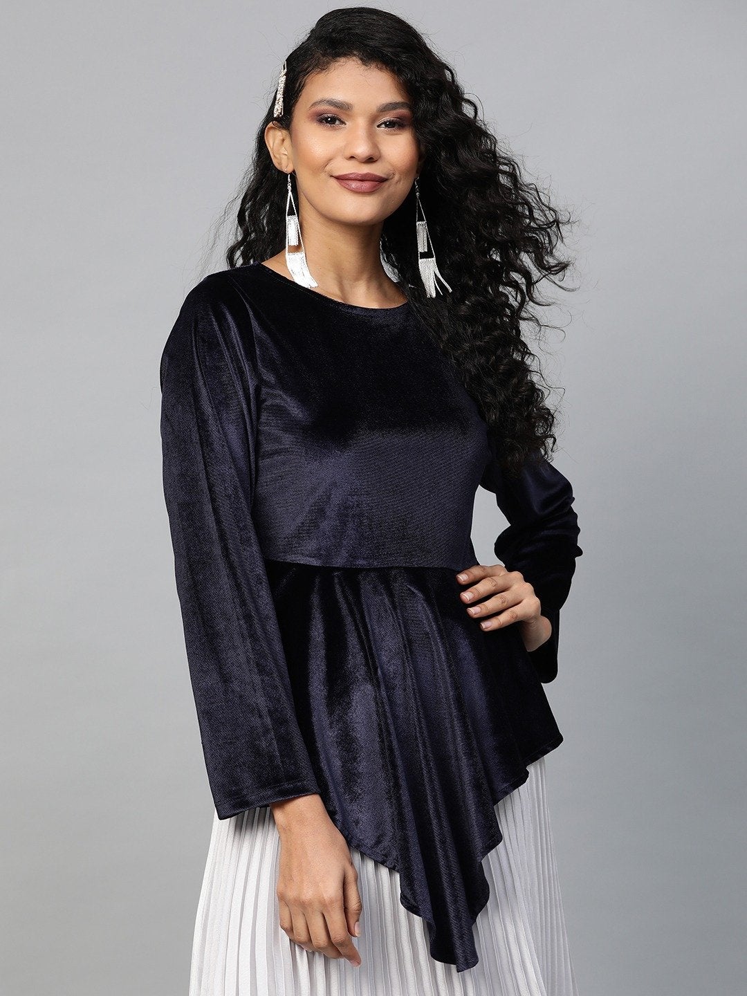 Women's Navy Velvet Asymmetric Peplum Top - SASSAFRAS