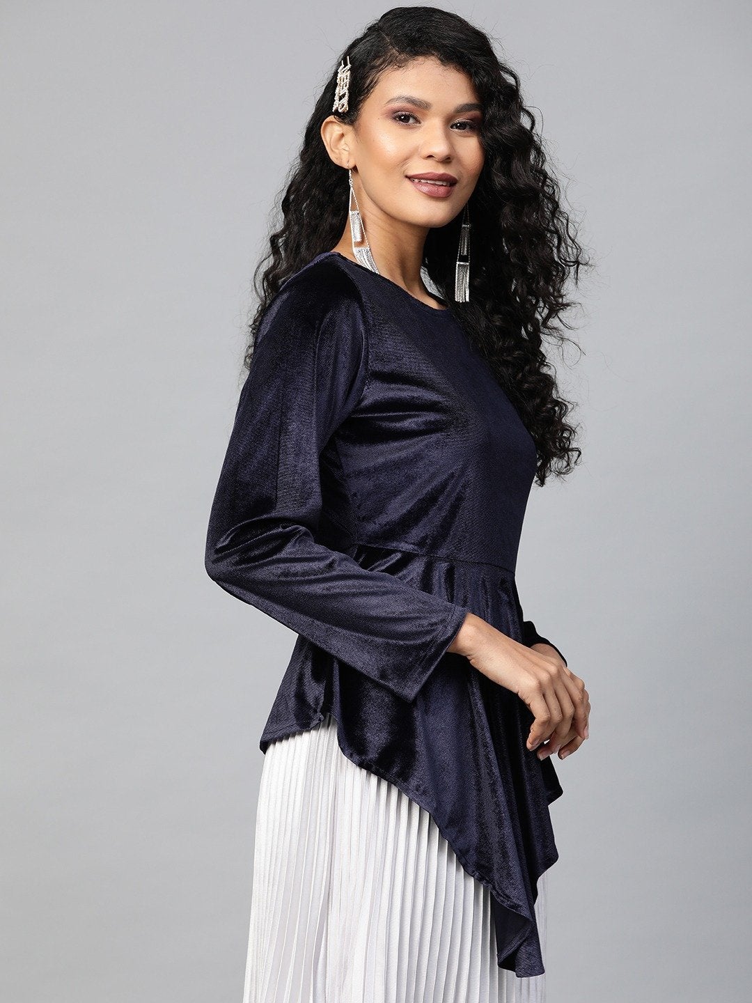 Women's Navy Velvet Asymmetric Peplum Top - SASSAFRAS