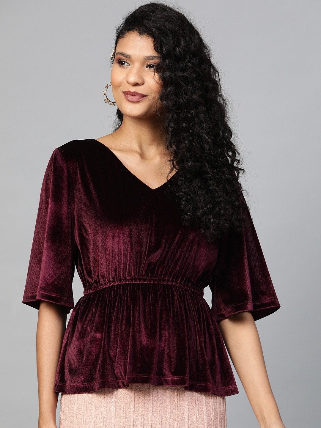 Women's Burgundy Velvet Peplum Top - SASSAFRAS