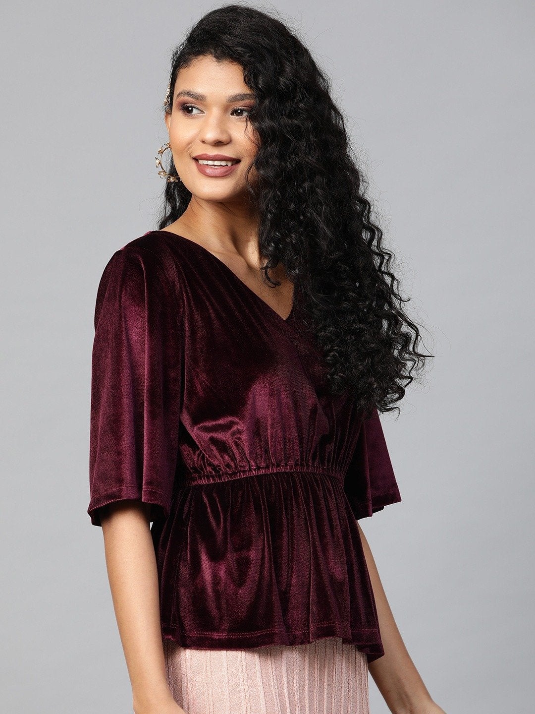 Women's Burgundy Velvet Peplum Top - SASSAFRAS