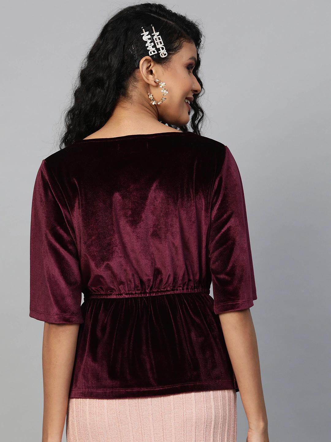 Women's Burgundy Velvet Peplum Top - SASSAFRAS