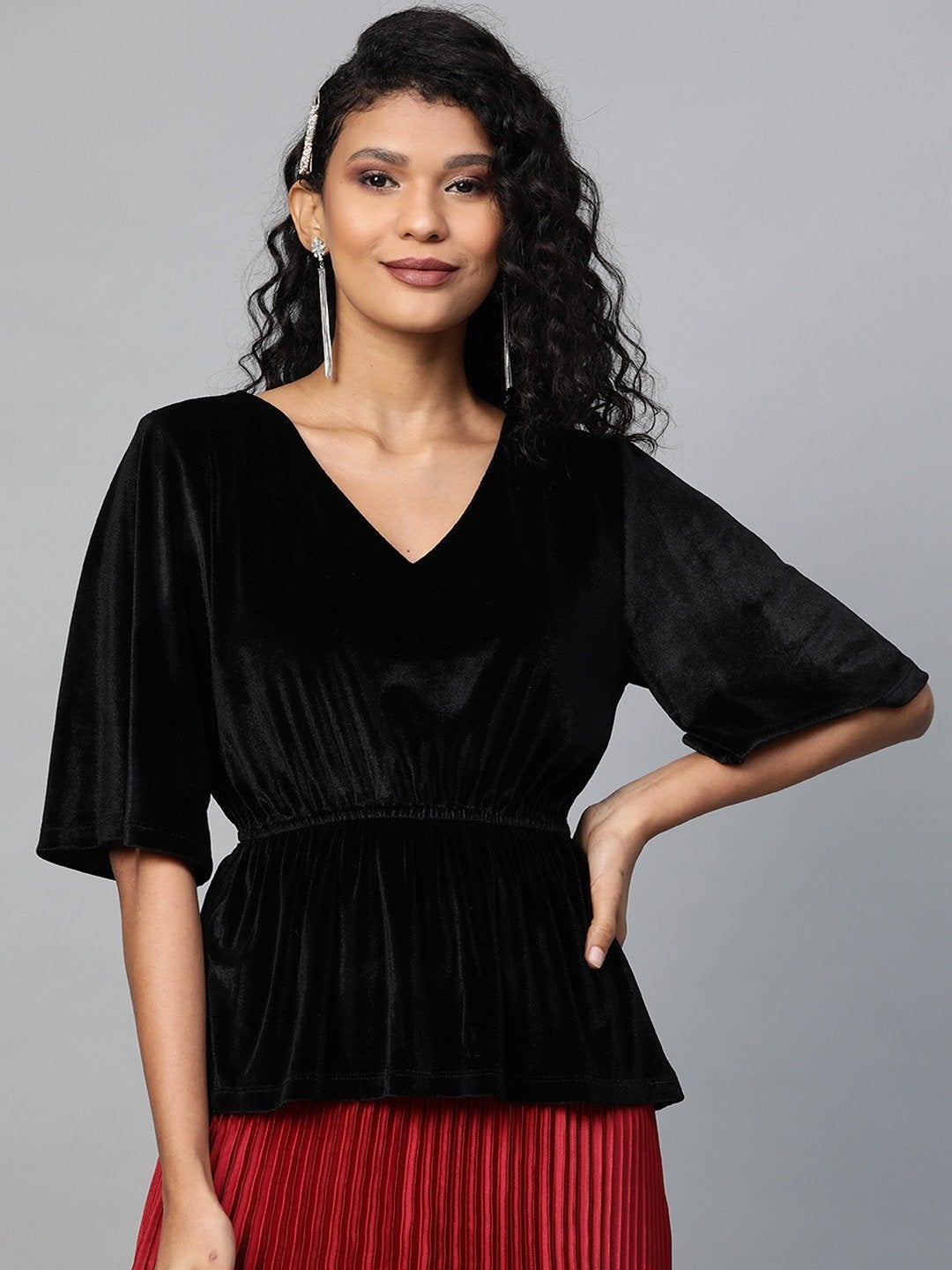 Women's Black Velvet Peplum Top - SASSAFRAS