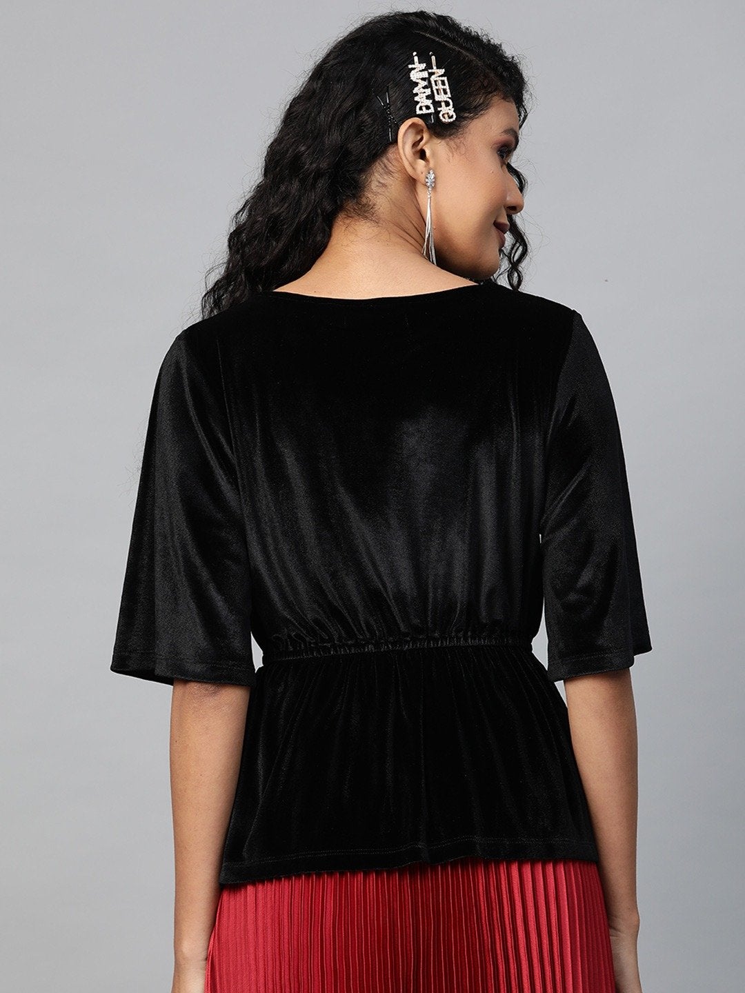 Women's Black Velvet Peplum Top - SASSAFRAS