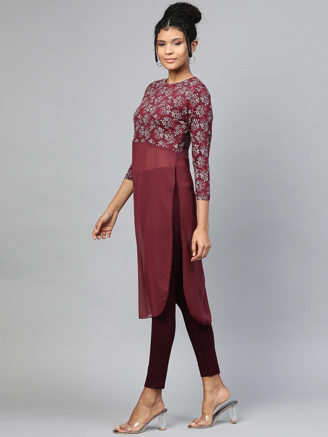 Women's Maroon Floral Side Slit Longline Top - SASSAFRAS