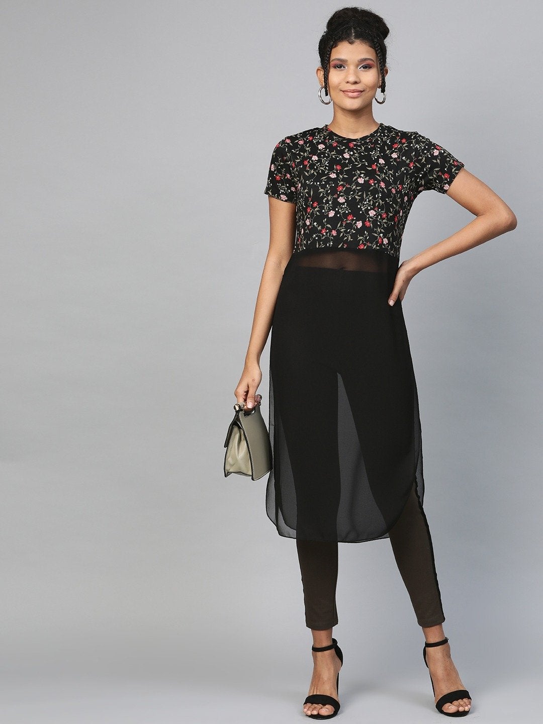 Women's Black Floral Side Slit Longline Top - SASSAFRAS