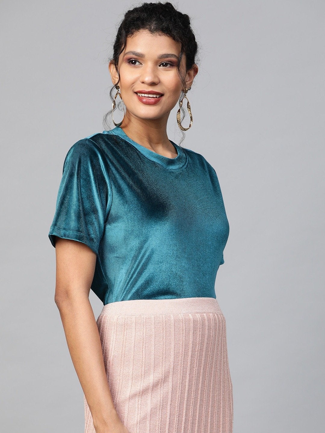 Women's Teal Velvet Basic Top - SASSAFRAS